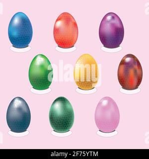 A set of glossy Easter eggs . Isolated, pink. Stock Vector
