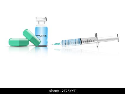 Medical green capsule and bottle Vaccination, Syringe isolated white background vector illustration Stock Vector
