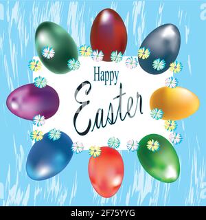 Happy Easter. The inscription is decorated with eggs with a realistic gold luster. Postcard. Vector. Stock Vector