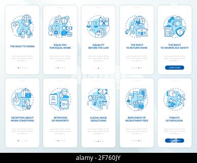 Migrant workers rights blue onboarding mobile app page screen with concepts set Stock Vector
