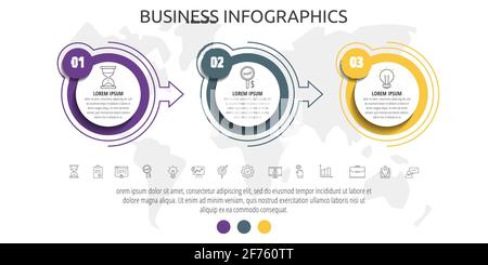 Modern and simple flat vector circles infographic with three steps, arrows. Timeline for diagram, business, web, banner, workflow layout, presentation Stock Vector