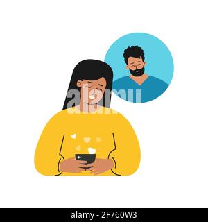 Vector isolated concept. Flat cartoon style. Happy handsome Caucasian woman is texting on phone with her boyfriend. Mobile app for online dating. Stock Vector