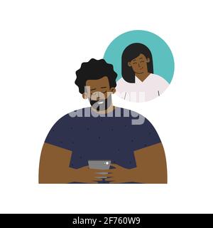 Vector isolated flat illustration. Cartoon happy african american man sends sms on phone to his girlfriend. Online dating by mobile app. Stock Vector