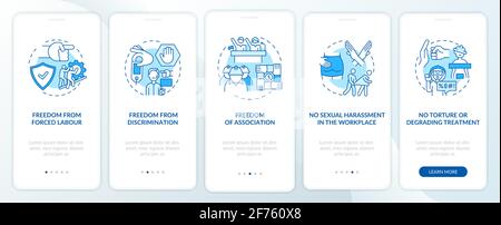 Migrant workers freedoms blue onboarding mobile app page screen with concepts Stock Vector
