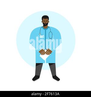 Vector isolated flat concept. African american doctor standing tall and holding documents. Friendly medic (man) is dressed in blue robe Stock Vector