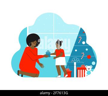 Vector isolated flat concept about winter holidays. Happy african american woman gives gift to cute little girl. Mother sits near daughter. Stock Vector