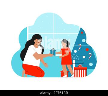 Vector isolated flat concept about winter happy holidays. Latin young adult woman gives gift to cute child. Mother is squatting near daughter. Stock Vector