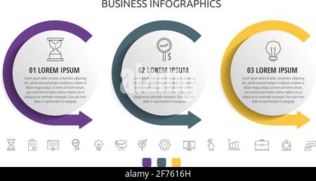 Modern and simple flat vector circles infographic with three steps, arrows. Timeline for diagram, business, web, banner, workflow layout, presentation Stock Vector