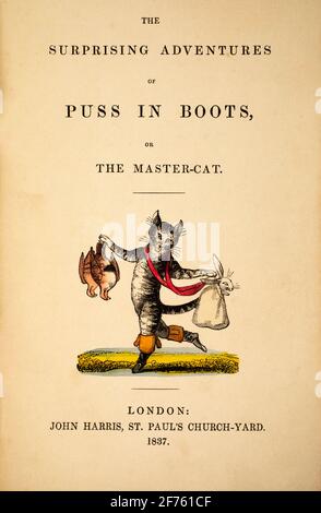 title page of The Surprising Adventures of Puss in Boots or the Master Cat, published 1837 By John Harris, St Paul’s Church-Yard London Stock Photo