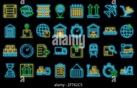 Goods export icons set. Outline set of goods export vector icons neon color on black Stock Vector