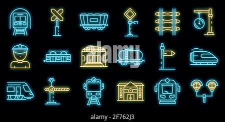 Railway station icons set. Outline set of railway station vector icons neon color on black Stock Vector