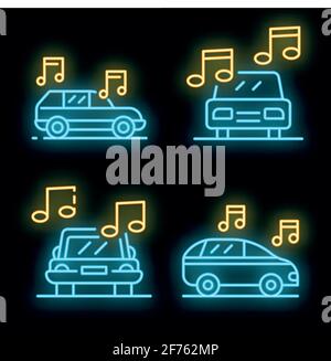 Car audio icons set. Outline set of car audio vector icons neon color on black Stock Vector
