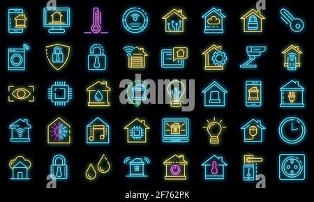 Smart home icons set. Outline set of smart home vector icons neon color on black Stock Vector
