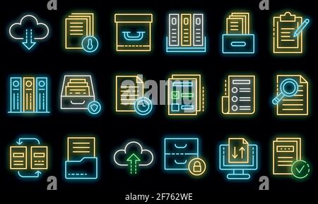 Archive icons set. Outline set of archive vector icons neon color on black Stock Vector