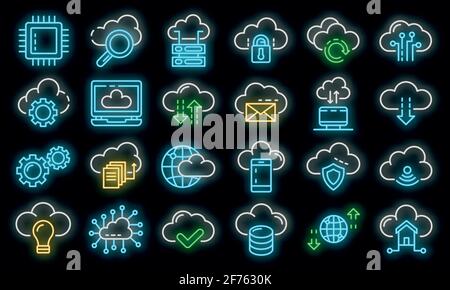 Cloud technology icons set. Outline set of cloud technology vector icons neon color on black Stock Vector