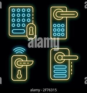 Wireless door lock icons set. Outline set of wireless door lock vector icons neon color on black Stock Vector