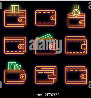 Wallet icons set. Outline set of wallet vector icons neon color on black Stock Vector