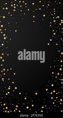 Gold stars random luxury sparkling confetti. Scattered small gold particles on black background. Dramatic festive overlay template. Captivating vector Stock Vector