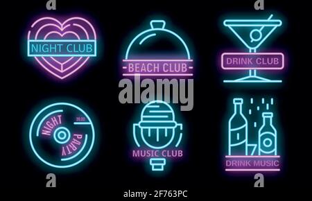 Nightclub logo set. Outline set of nightclub vector logo neon color on black Stock Vector