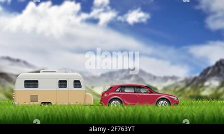 Caravan trailer on the green grass on the mountain landscape. SUV car pulling rv vector background with blur effect. Stock Vector