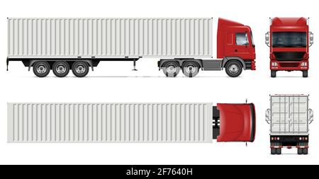Container truck vector mockup on white for vehicle branding, corporate identity. All elements in the groups on separate layers for easy editing Stock Vector