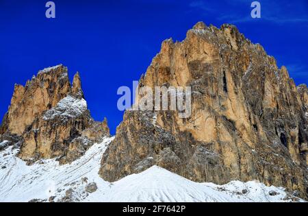 Mountain group Sassolungo (Langkofel). Beautiful landscape in Dolomites. Province of Trento, South Tyrol, Italy. Stock Photo