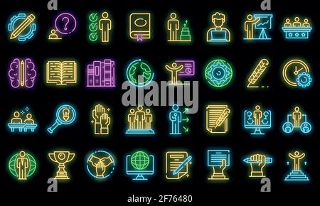 Staff education icons set. Outline set of staff education vector icons neon color on black Stock Vector