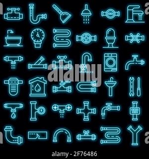 Plumbing icons set. Outline set of plumbing vector icons neon color on black Stock Vector