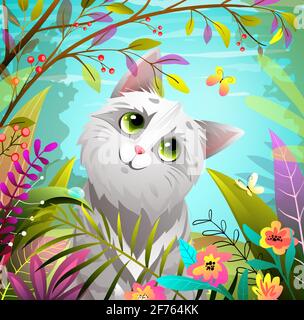 Cat or Kitten Playing in Nature with Butterfly Stock Vector