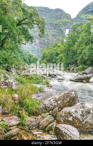 São Roque de Minas - MG, Brazil - December 13, 2020: Natural beauties next to Casca D'anta waterfall at the National Park of the Canastra Sierra. Eco Stock Photo