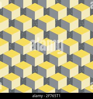 3D isometric cube vector seamless pattern background. Diagonal rows of yellow grey cubes on textured terrazzo backdrop. Abstract design with geometric Stock Vector