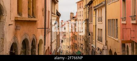 Lyon, typical street in the Croix-Rousse, with colorful buildings Stock Photo