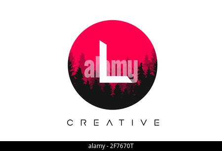 L Letter Logo Design with Pine Forest Vector Shapes and Red Circular shape Color Illustration Stock Vector