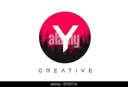 Y Letter Logo Design with Pine Forest Vector Shapes and Red Circular shape Color Illustration Stock Vector