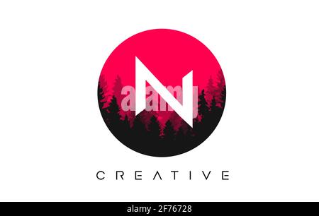 N Letter Logo Design with Pine Forest Vector Shapes and Red Circular shape Color Illustration Stock Vector