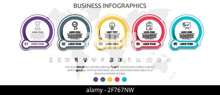 Modern and simple flat vector circles infographic with 5 steps, icons. Timeline for diagram, chart, web, banner, flowchart, infograph, content, levels Stock Vector