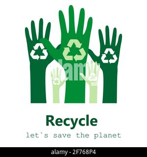 Hands outstretched with recycling symbol. Ecology concept. Concept save the earth or stop global warming. Protect nature, save the world. Flat style. Stock Vector