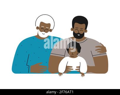 Vector isolated concept for Father's day with flat cartoon characters. Multi generational african american family. Dad is happy young adult man huggin Stock Vector