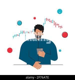 Vector flat concept about financial markets. Caucasian man is trader working online on stocks exchange. Investor is analyzing data on bar chart Stock Vector