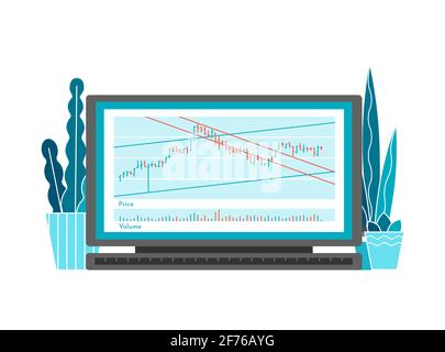 Vector concept with flat computer on desk in home office. Online technology for investors on stock exchange. Data analysis on bar chart, decision Stock Vector