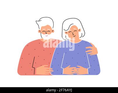 Vector flat isolated concept with cartoon characters of caucasian senior couple. Happy old grandfather hugs grandmother. Romantic relationships, love Stock Vector