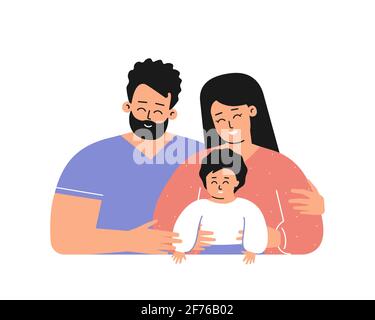 Vector isolated concept with flat cartoon characters. Happy latin family with young adult parents smiles. Handsome mother hugs her cute little child Stock Vector