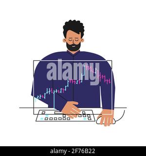 Vector concept about financial markets. Caucasian man is trader working online on stocks exchange. Flat character of investor is analyzing data Stock Vector