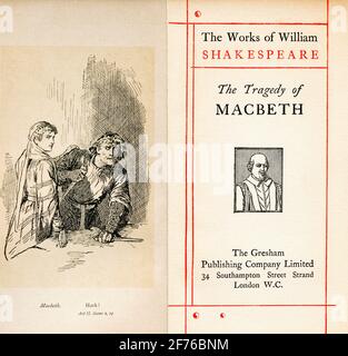Frontispiece and title page from the Shakespeare play Macbeth. Act II, Scene 2. Macbeth, ' Hark! '. From The Works of William Shakespeare, published c.1900 Stock Photo