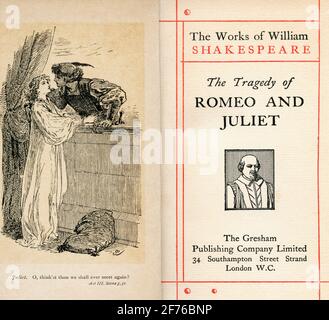 Frontispiece and title page from the Shakespeare play Romeo and Juliet.  Act III. Scene 5.  Juliet, 'O, thinks't thou we shall ever meet again?'  From The Works of William Shakespeare, published c.1900 Stock Photo