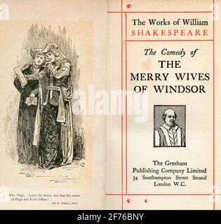 Frontispiece and title page from the Shakespeare play The Merry Wives of Windsor.  Act II. Scene 1. Mrs Page, 'Letter for letter, but that the name of Page and Ford differs'. From The Works of William Shakespeare, published c.1900 Stock Photo