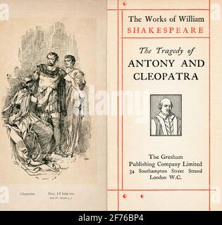 Frontispiece and title page from the Shakespeare play Antony and Cleopatra.  Act IV. Scene 4.  Cleopatra, 'Nay, I'll help too'. From The Works of William Shakespeare, published c.1900 Stock Photo