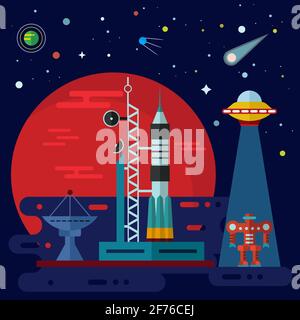 Flat space elements with rocket launch, space station, planets, ufo and robot Stock Vector