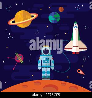 Flat space elements with spaceship and planets. Stock Vector