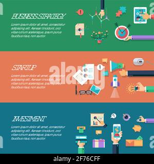Set of vector flat design business banners, headers with icons and infographics elements. Investment,start-up, business strategy Stock Vector